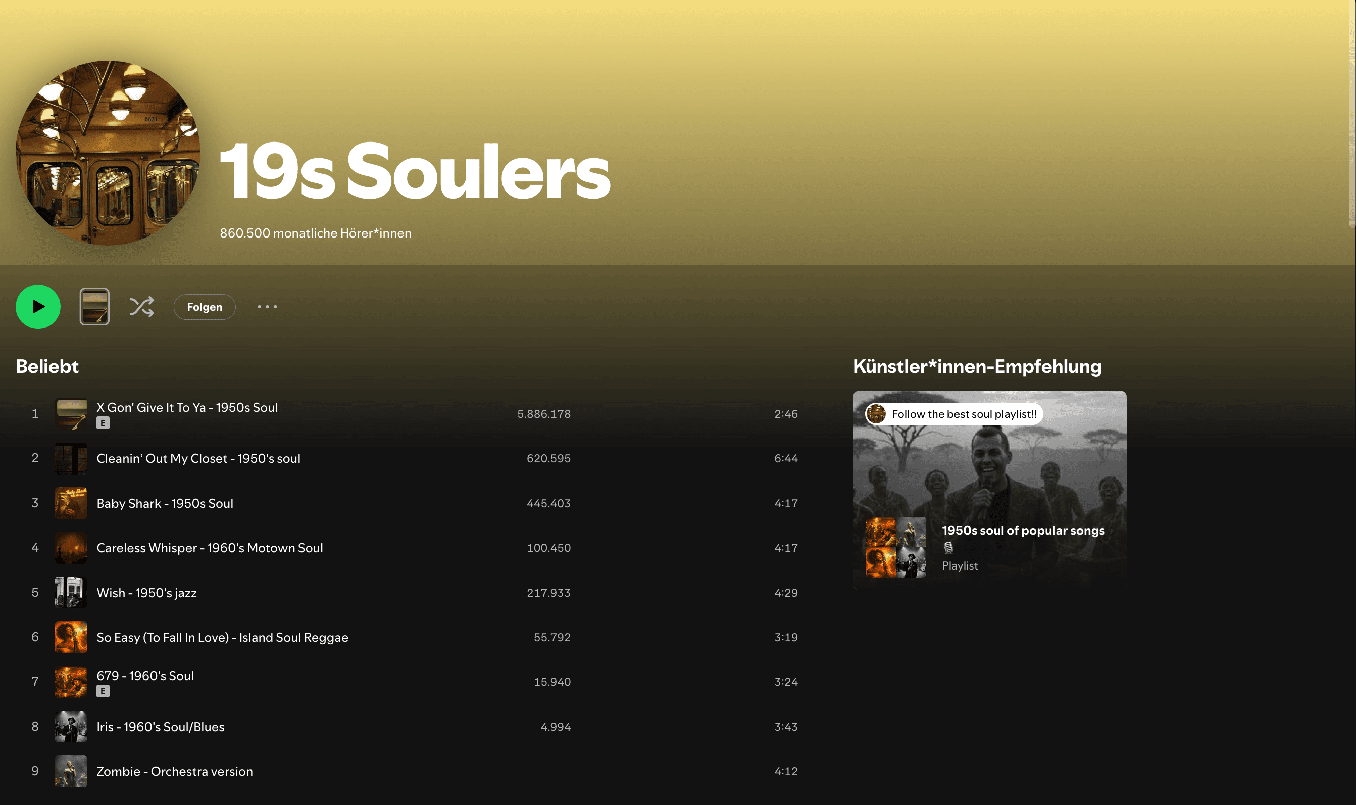 19s Soulers Spotify profile screenshot showing 860,500 monthly listeners