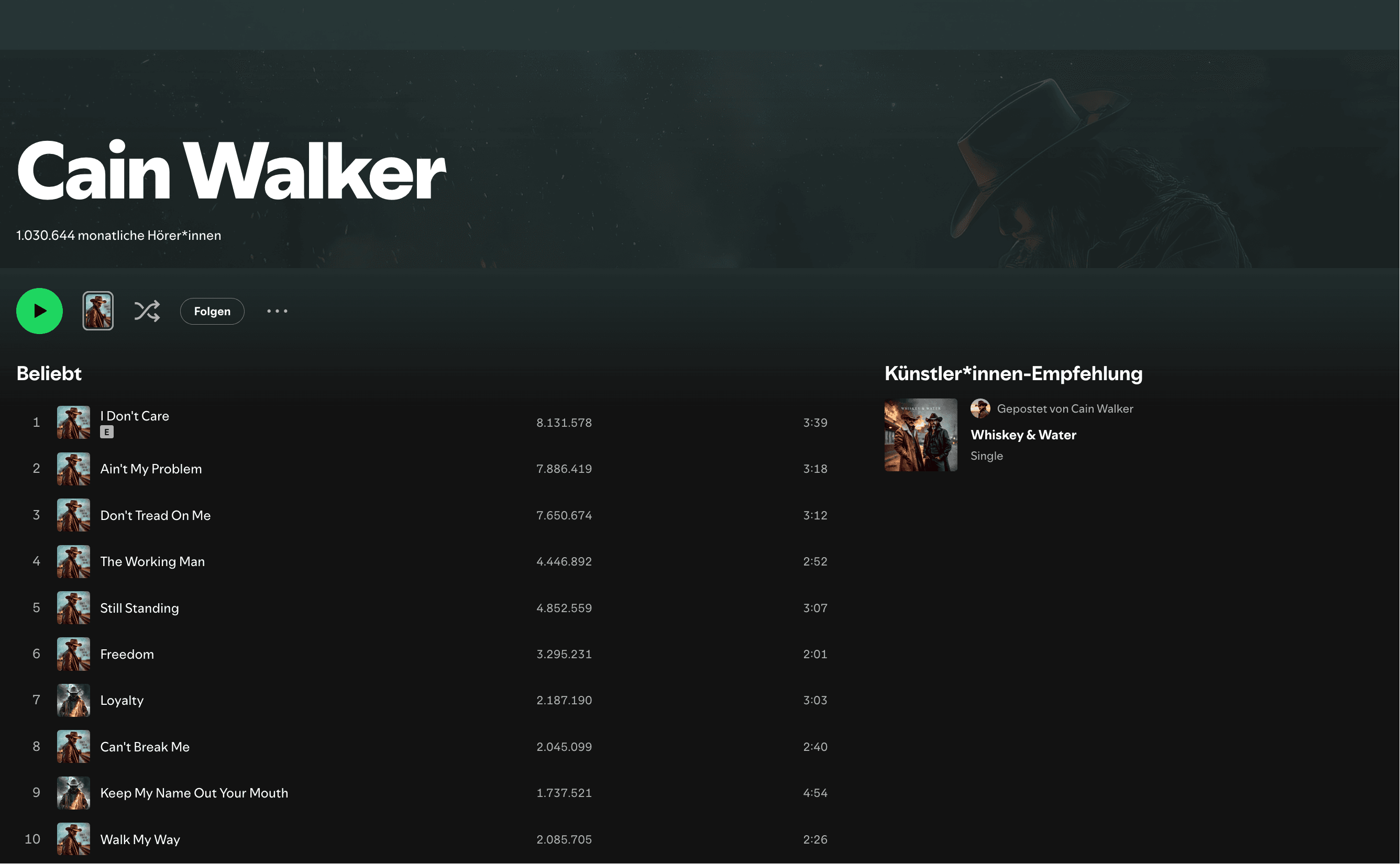 Cain Walker Spotify profile screenshot showing 1,030,644 monthly listeners