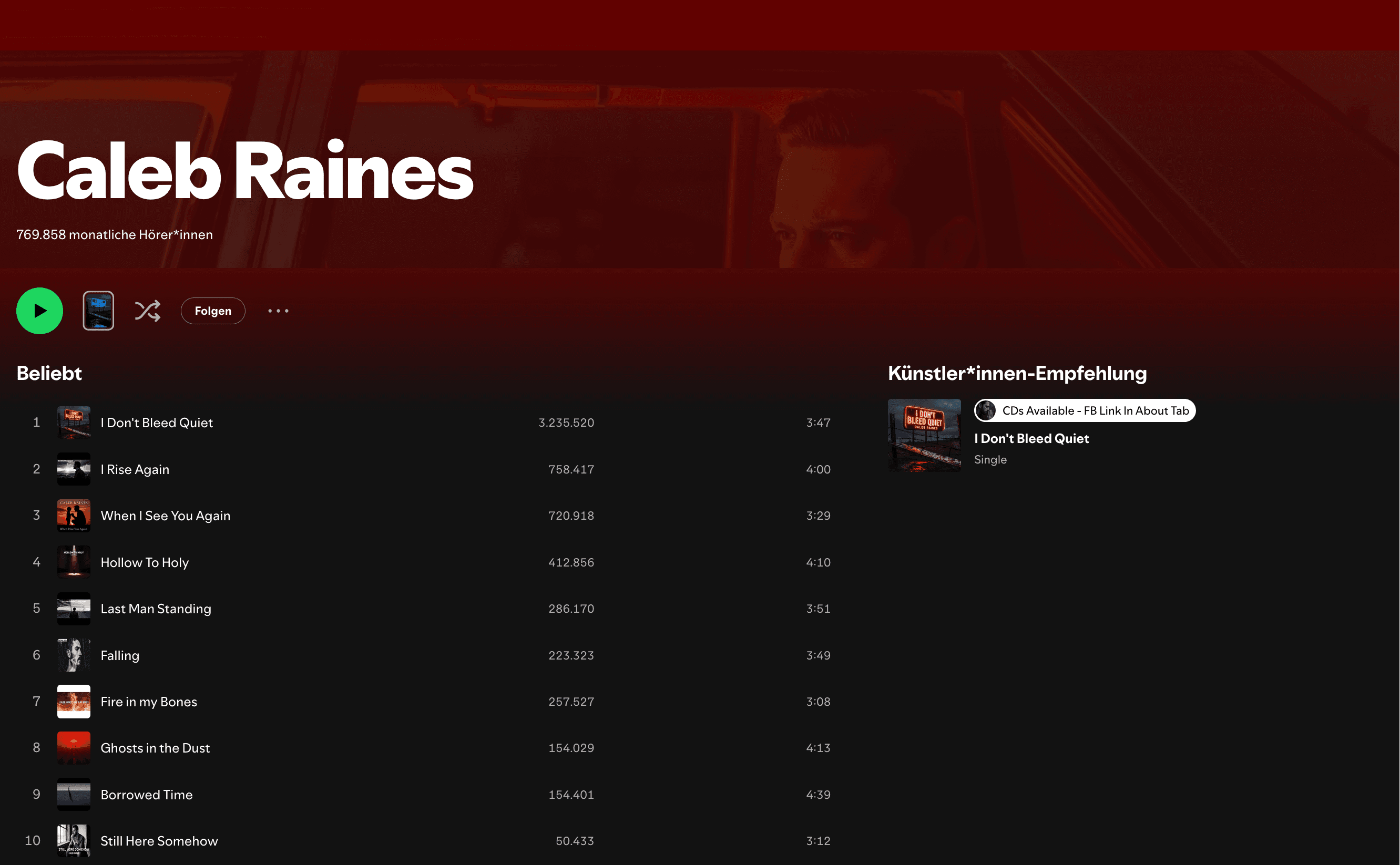 Caleb Raines Spotify profile screenshot showing 769,858 monthly listeners