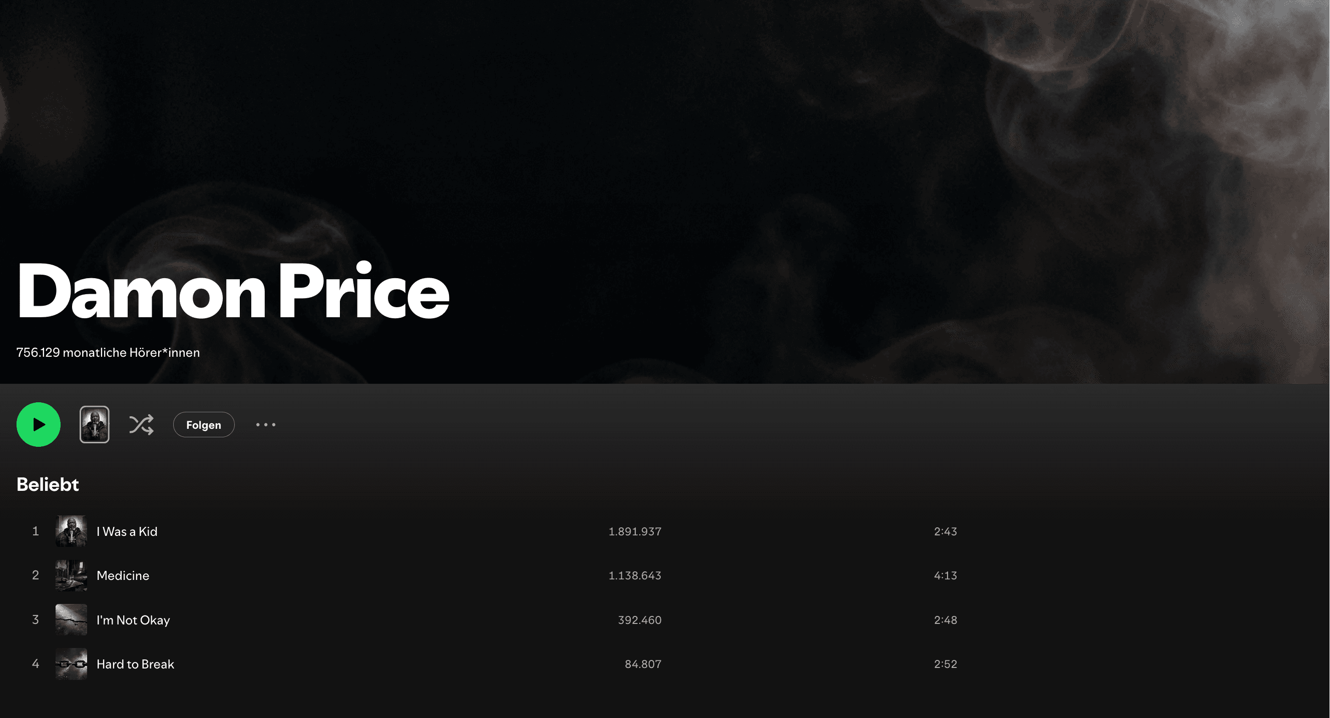 Damon Price Spotify profile screenshot showing 756,129 monthly listeners