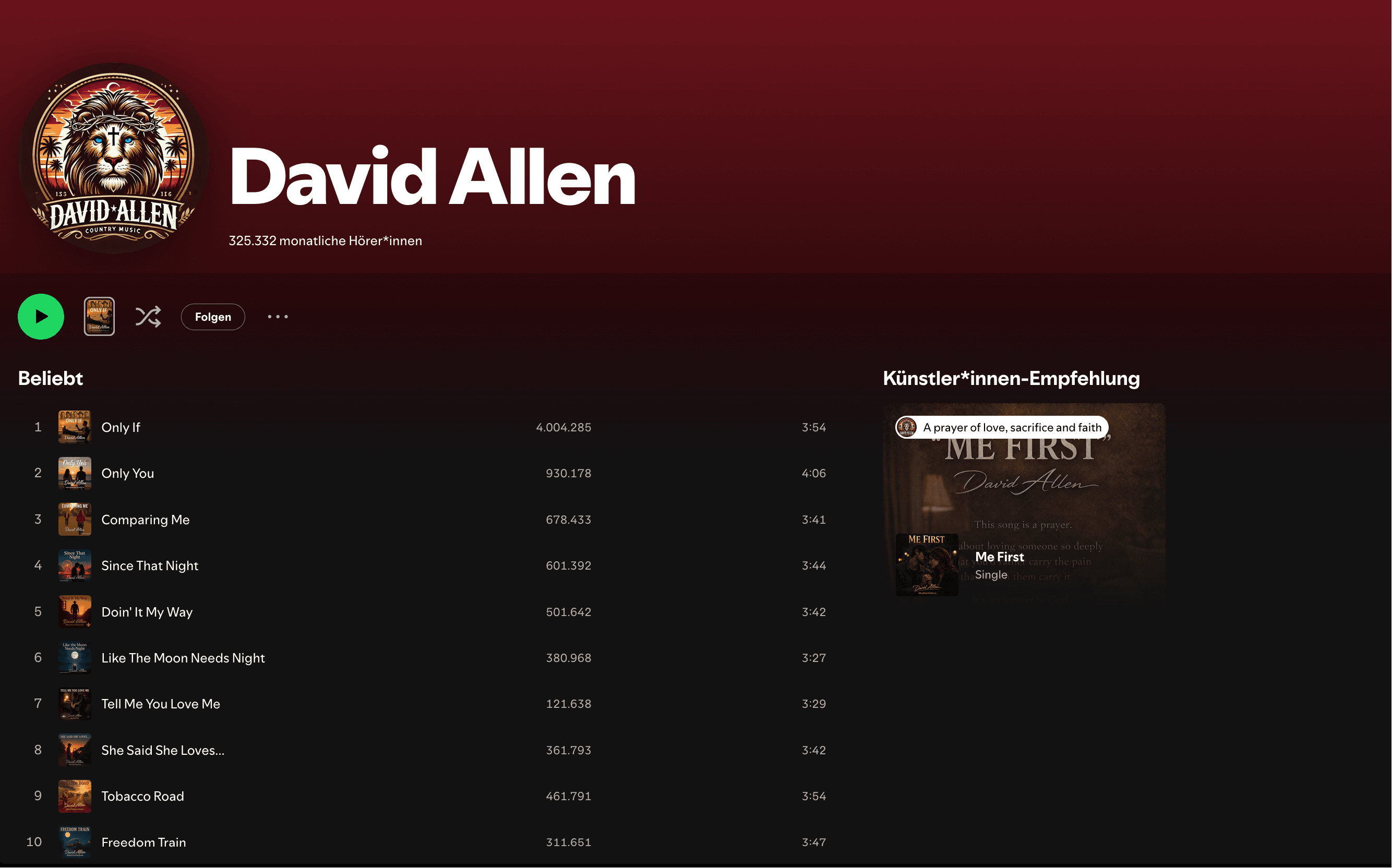 David Allen Spotify profile screenshot showing 325,332 monthly listeners