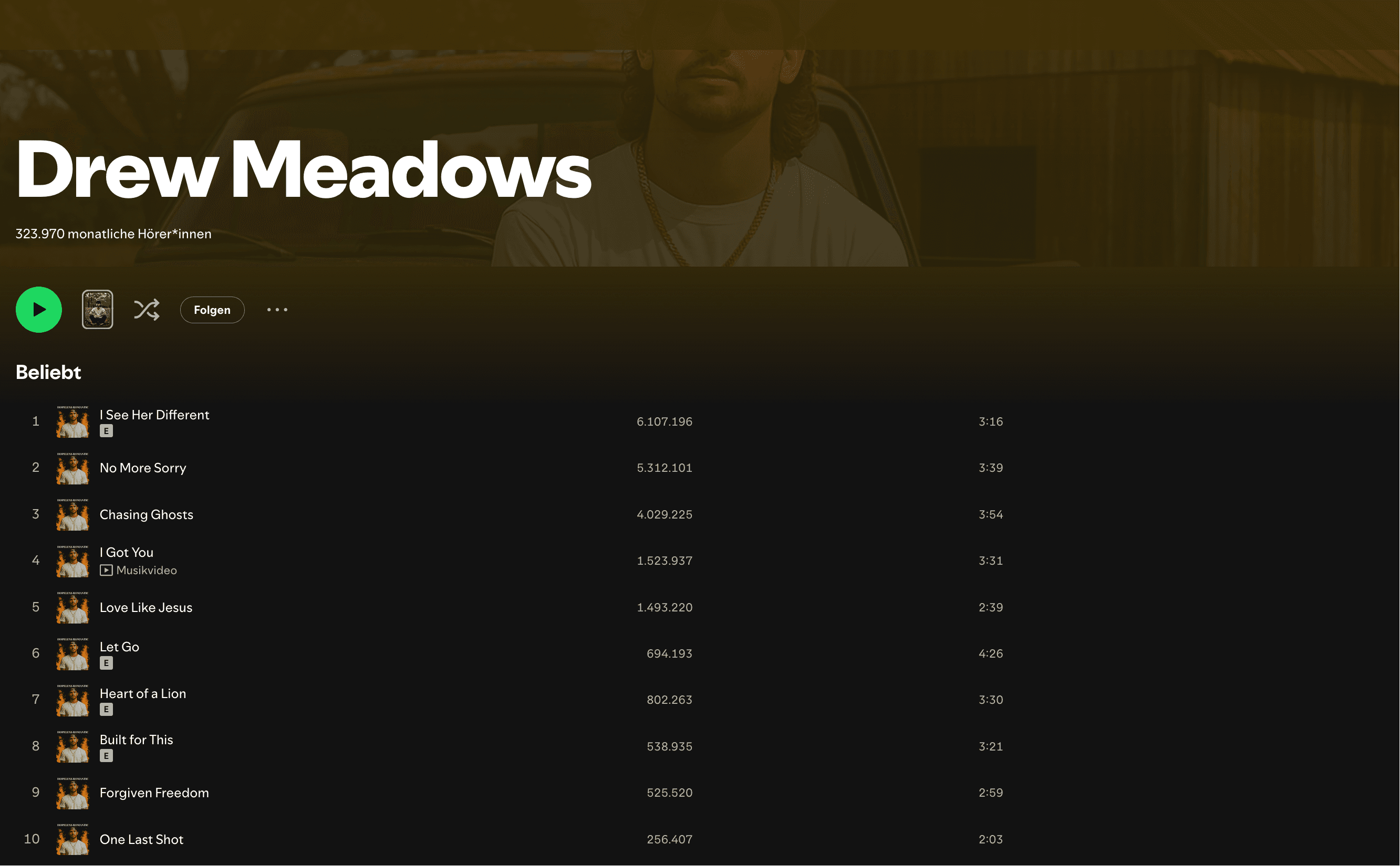 Drew Meadows Spotify profile screenshot showing 323,970 monthly listeners