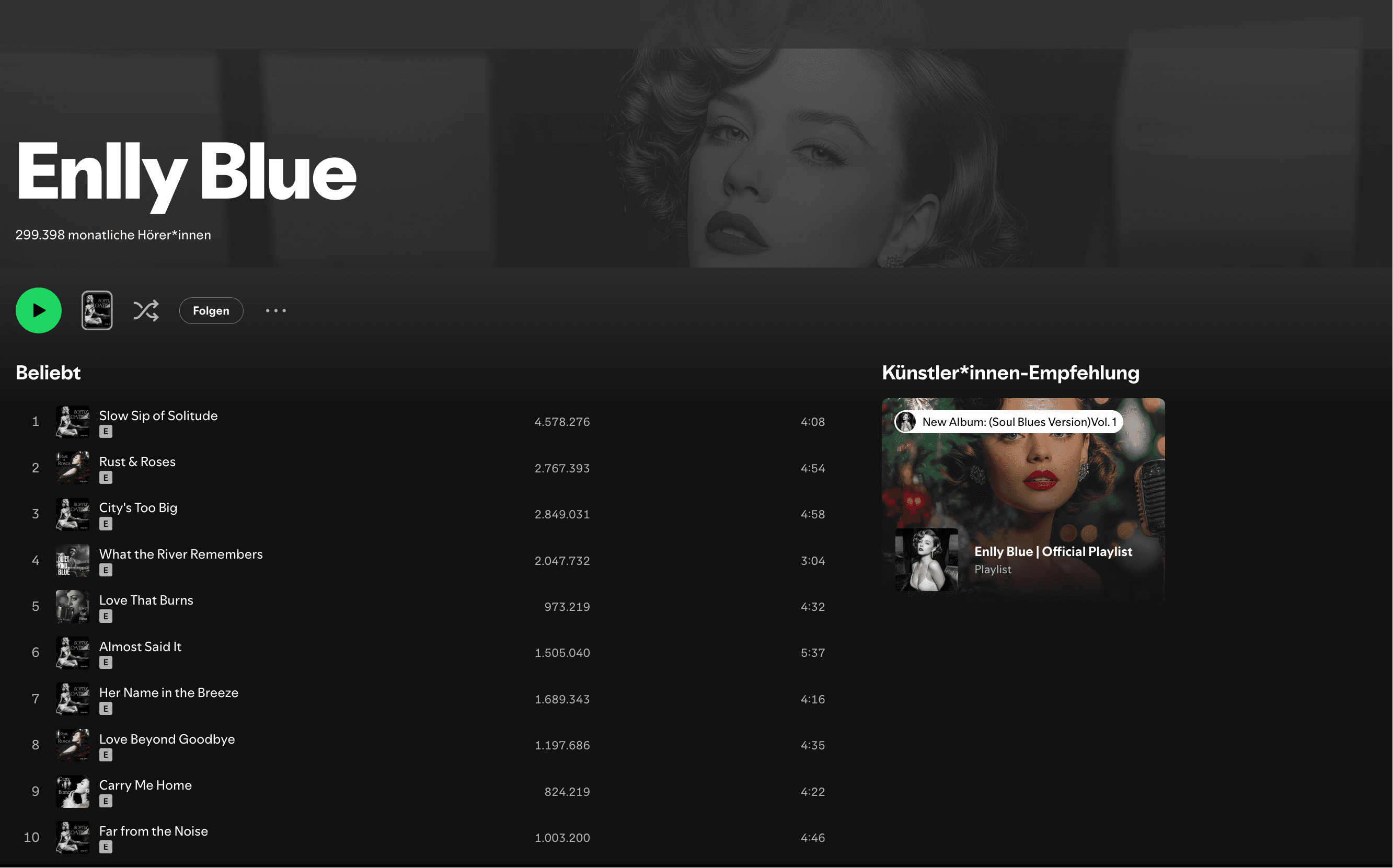 Enlly Blue Spotify profile screenshot showing 299,398 monthly listeners