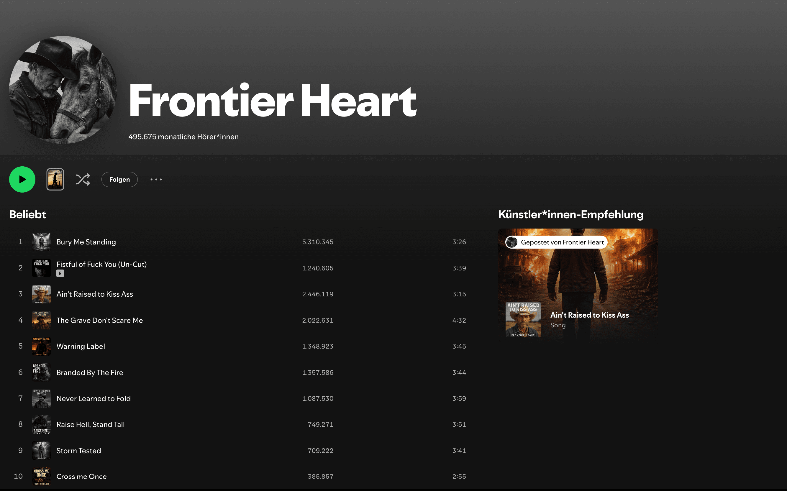 Frontier Heart Spotify profile screenshot showing 495,675 monthly listeners