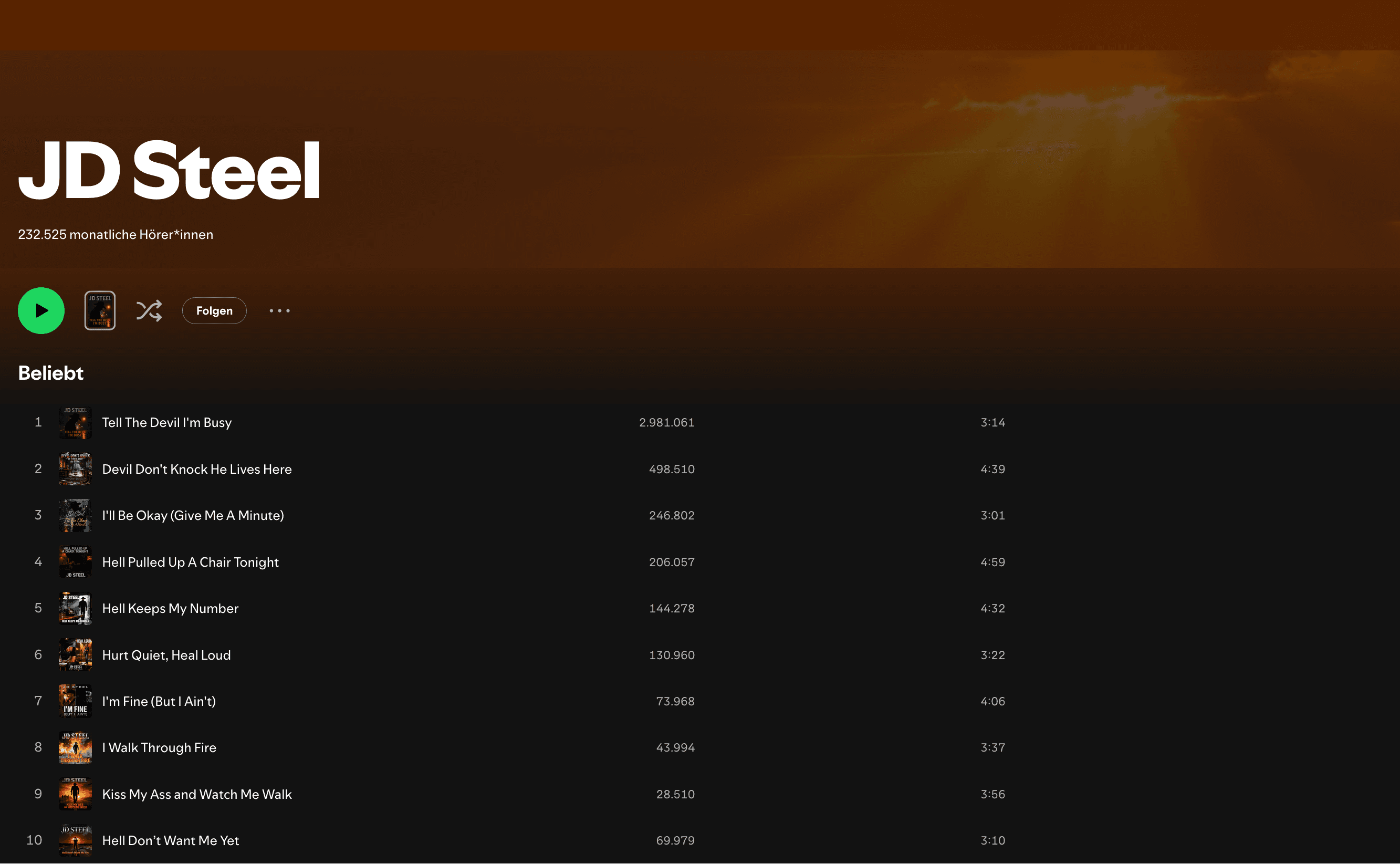 JD Steel Spotify profile screenshot showing 232,525 monthly listeners