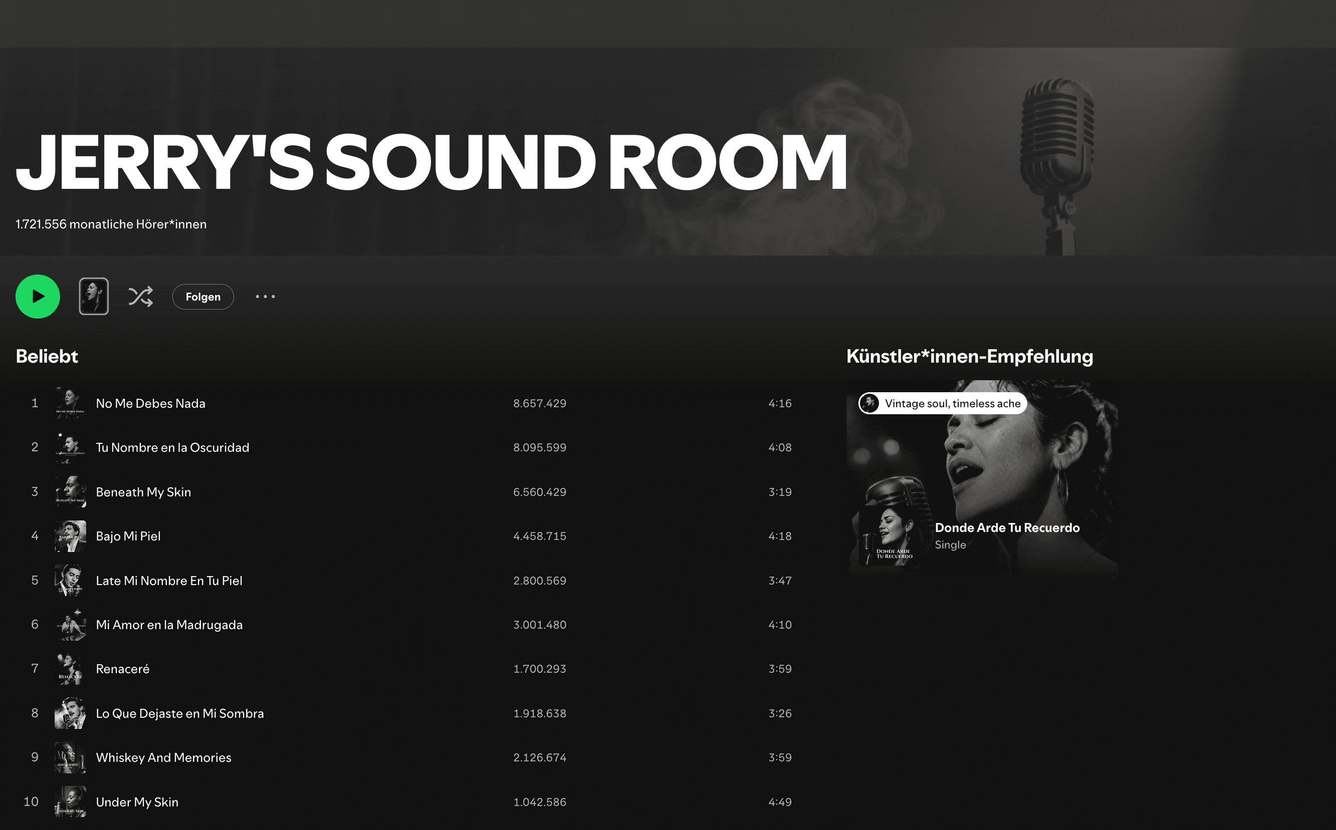 Jerry's Sound Room Spotify profile screenshot showing 1,721,556 monthly listeners