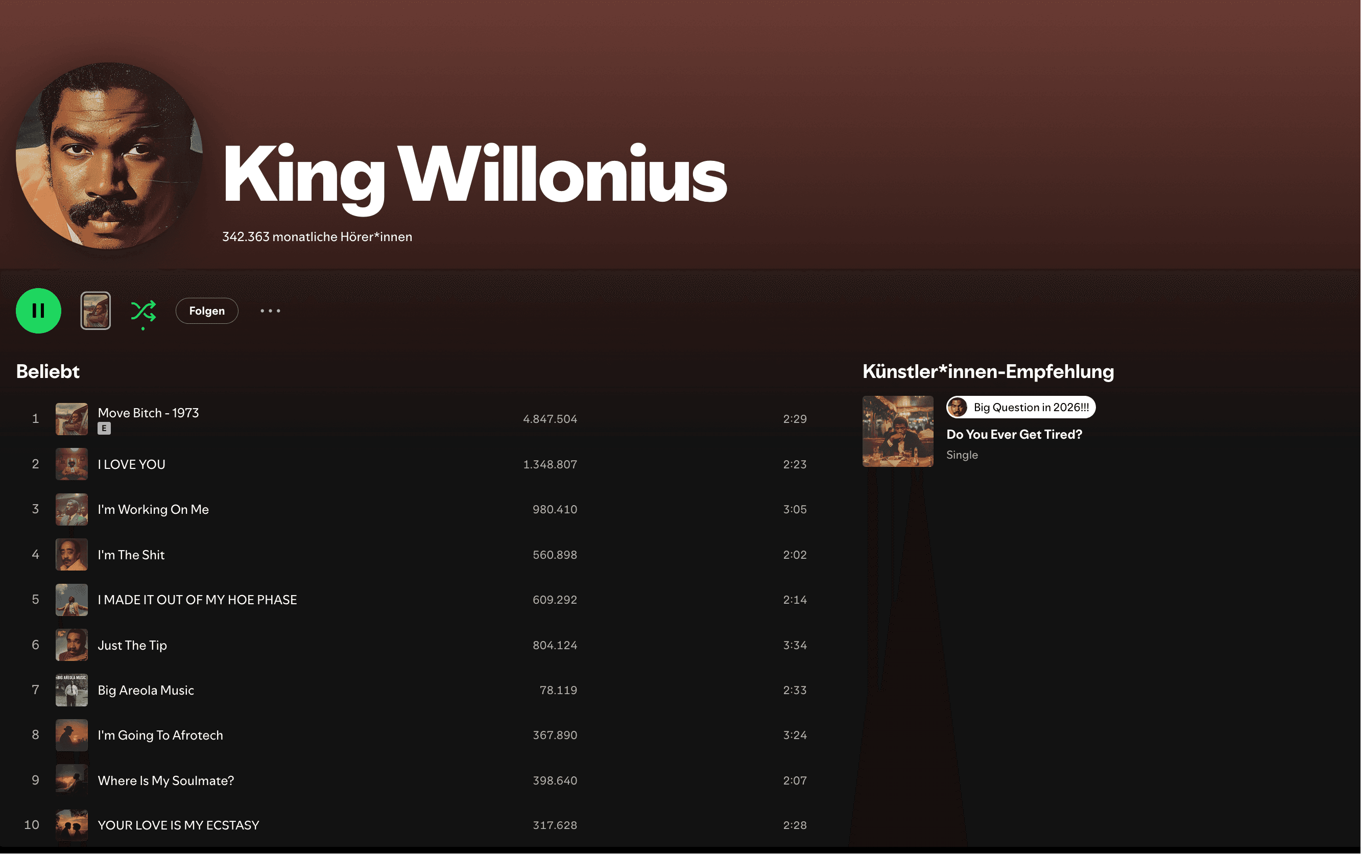King Willonius Spotify profile screenshot showing 342,363 monthly listeners
