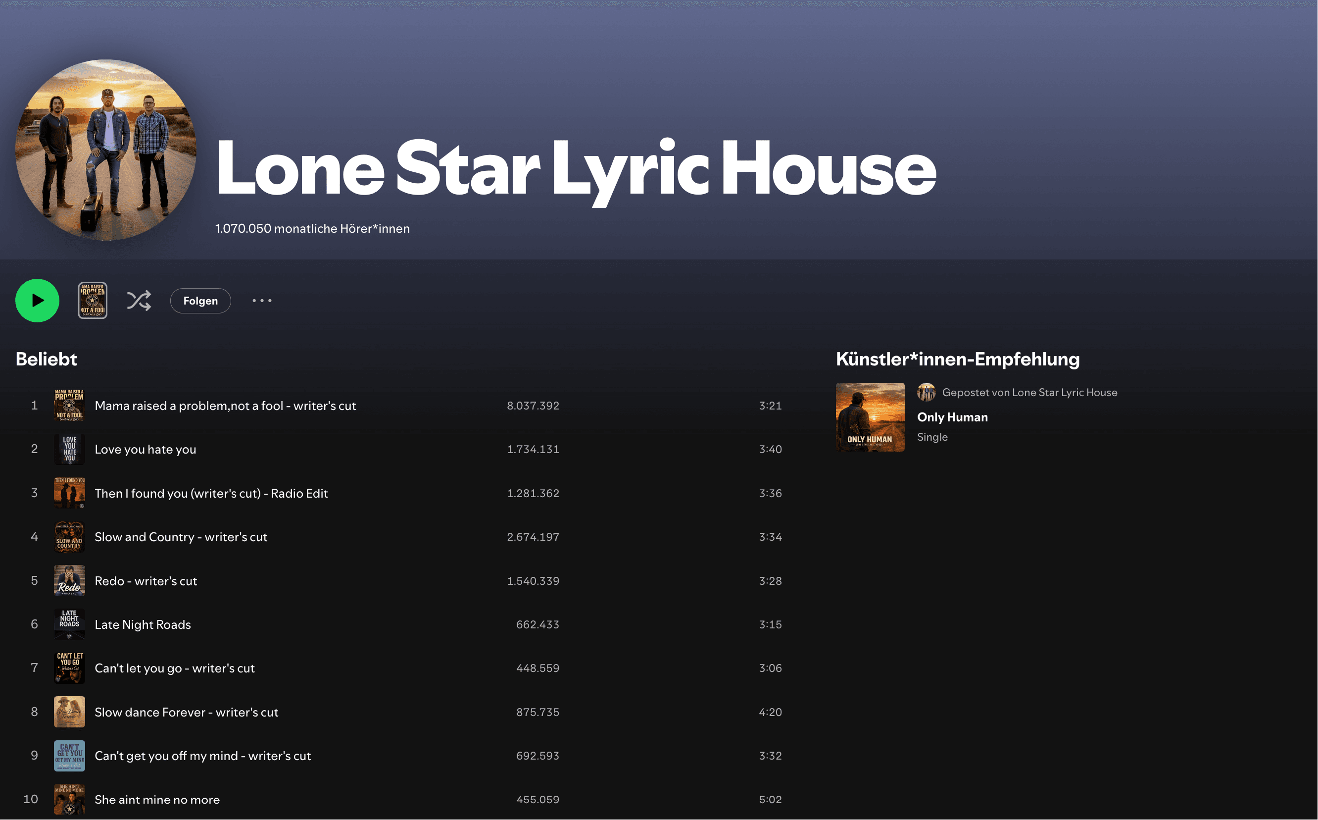 Lone Star Lyric House Spotify profile screenshot showing 1,070,050 monthly listeners