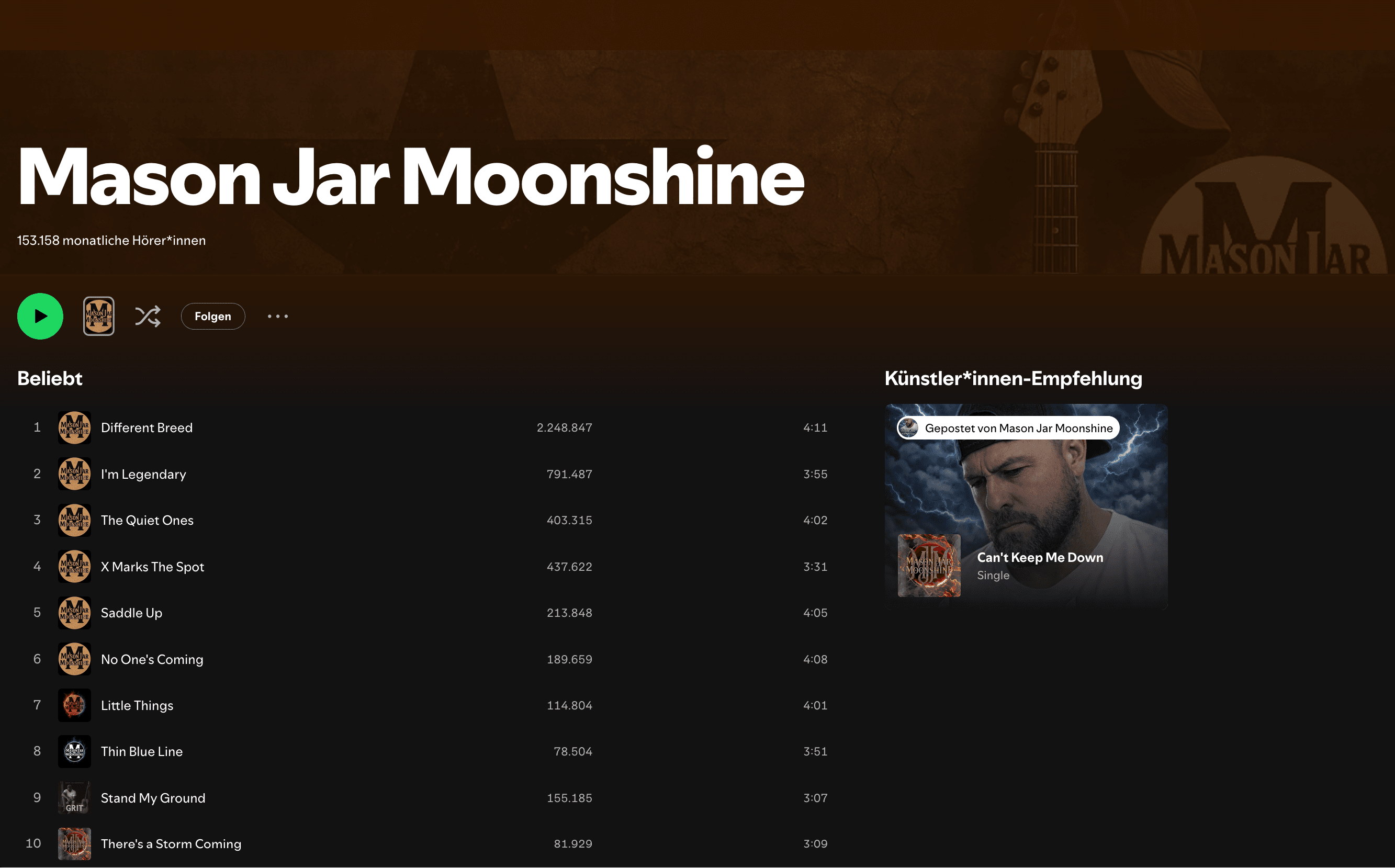 Mason Jar Moonshine Spotify profile screenshot showing 153,158 monthly listeners
