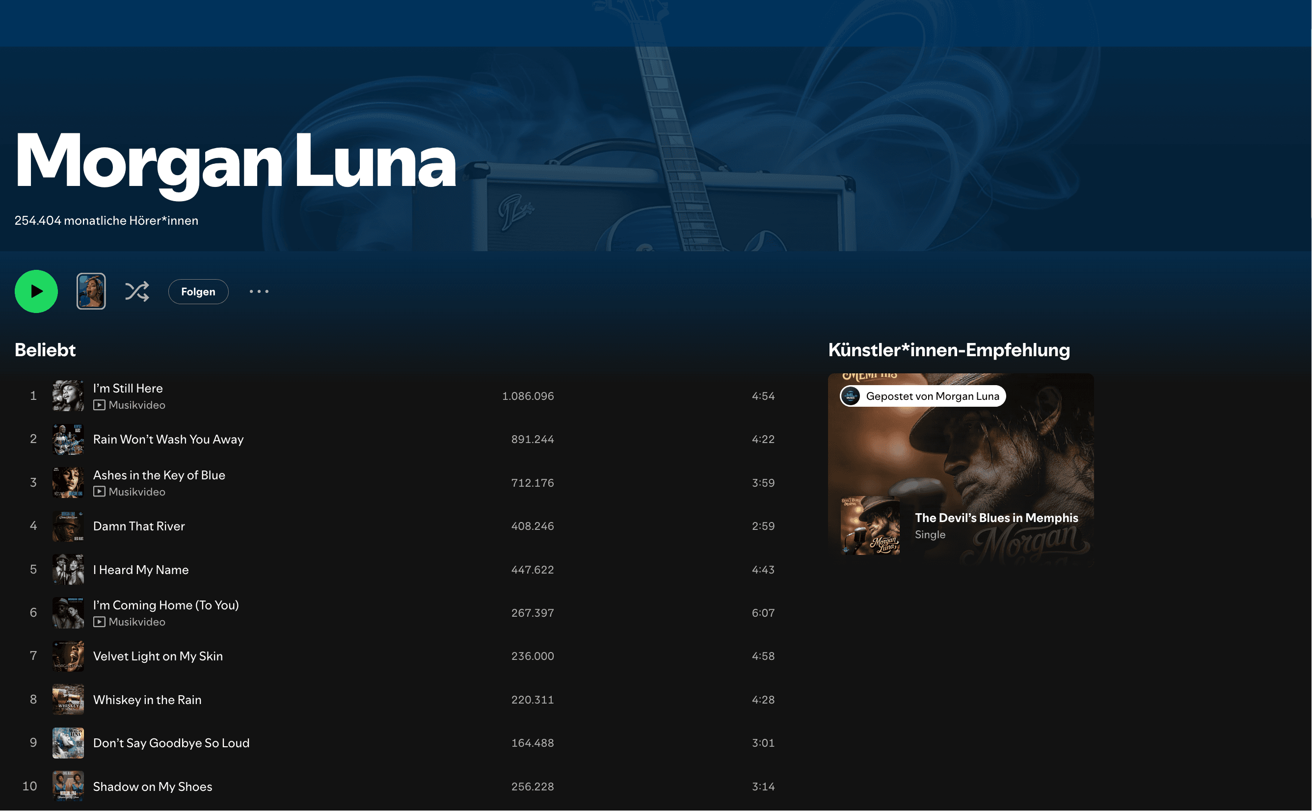 Morgan Luna Spotify profile screenshot showing 254,404 monthly listeners