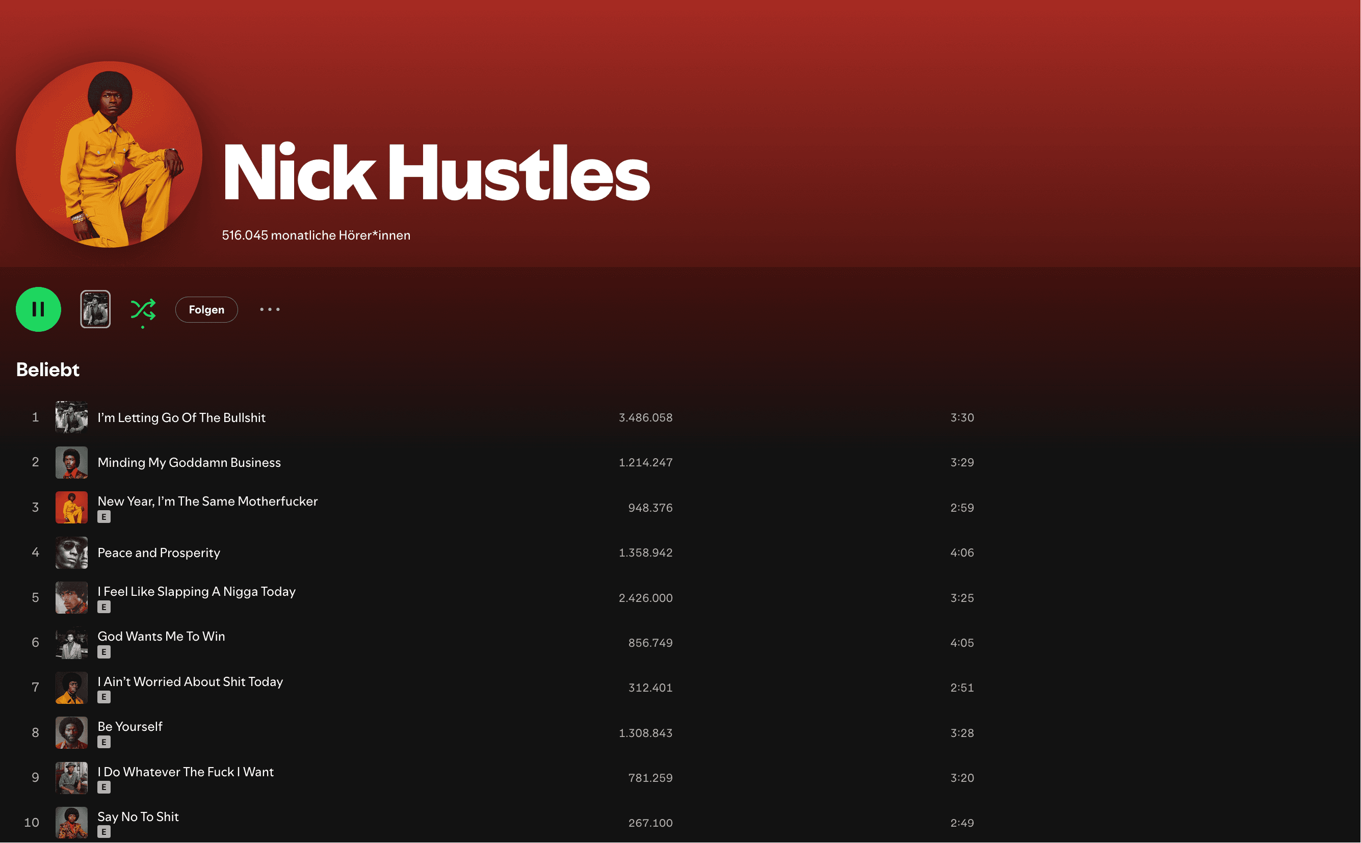 Nick Hustles Spotify profile screenshot showing 516,045 monthly listeners