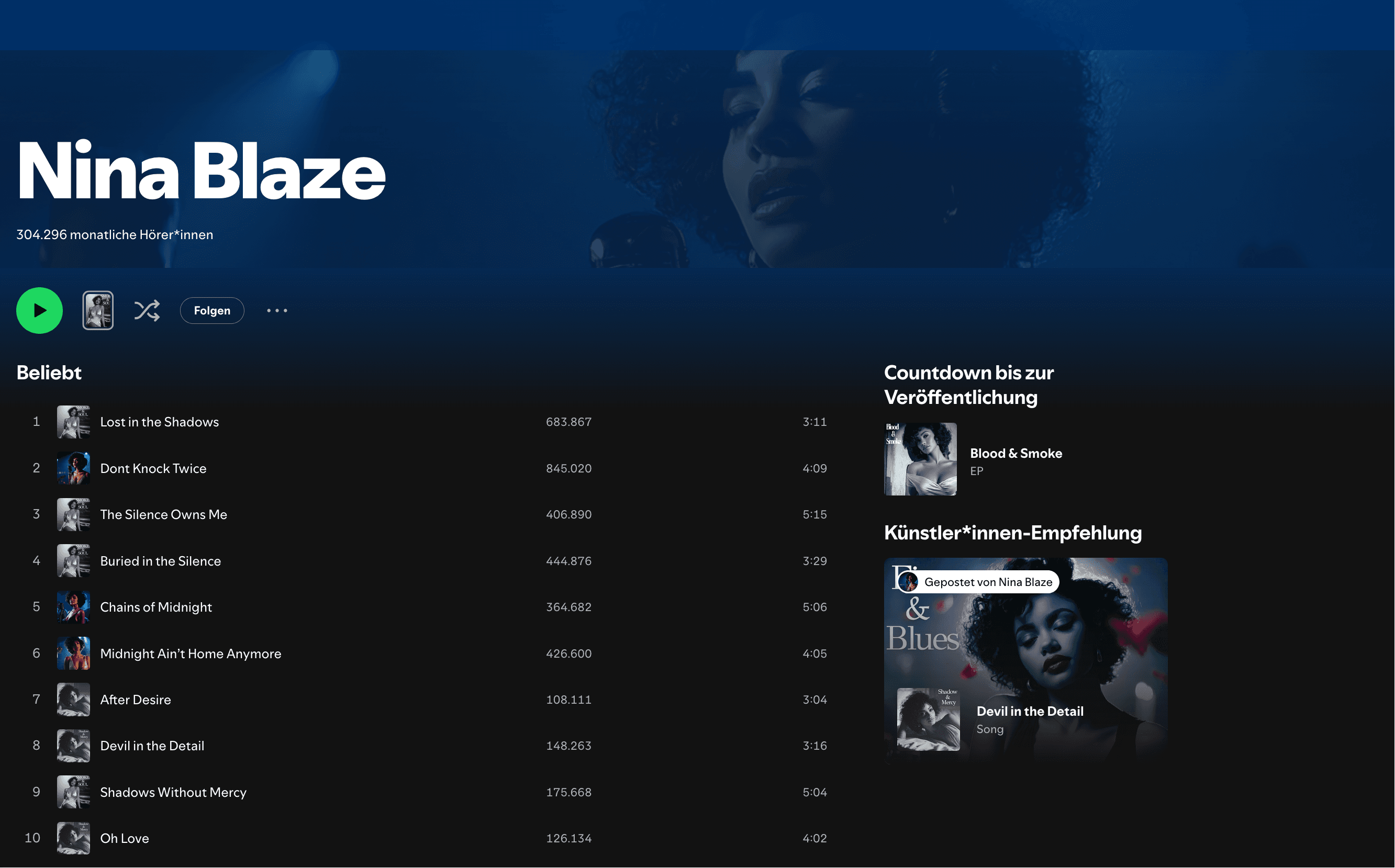 Nina Blaze Spotify profile screenshot showing 304,296 monthly listeners