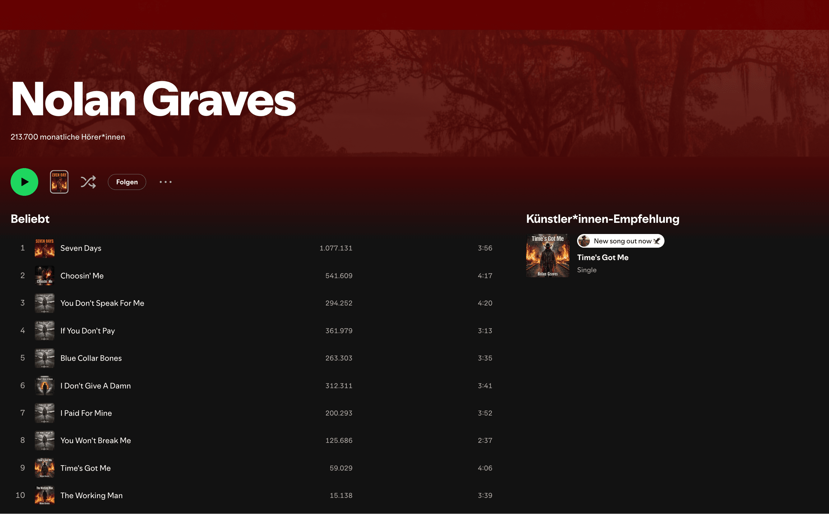 Nolan Graves Spotify profile screenshot showing 213,700 monthly listeners