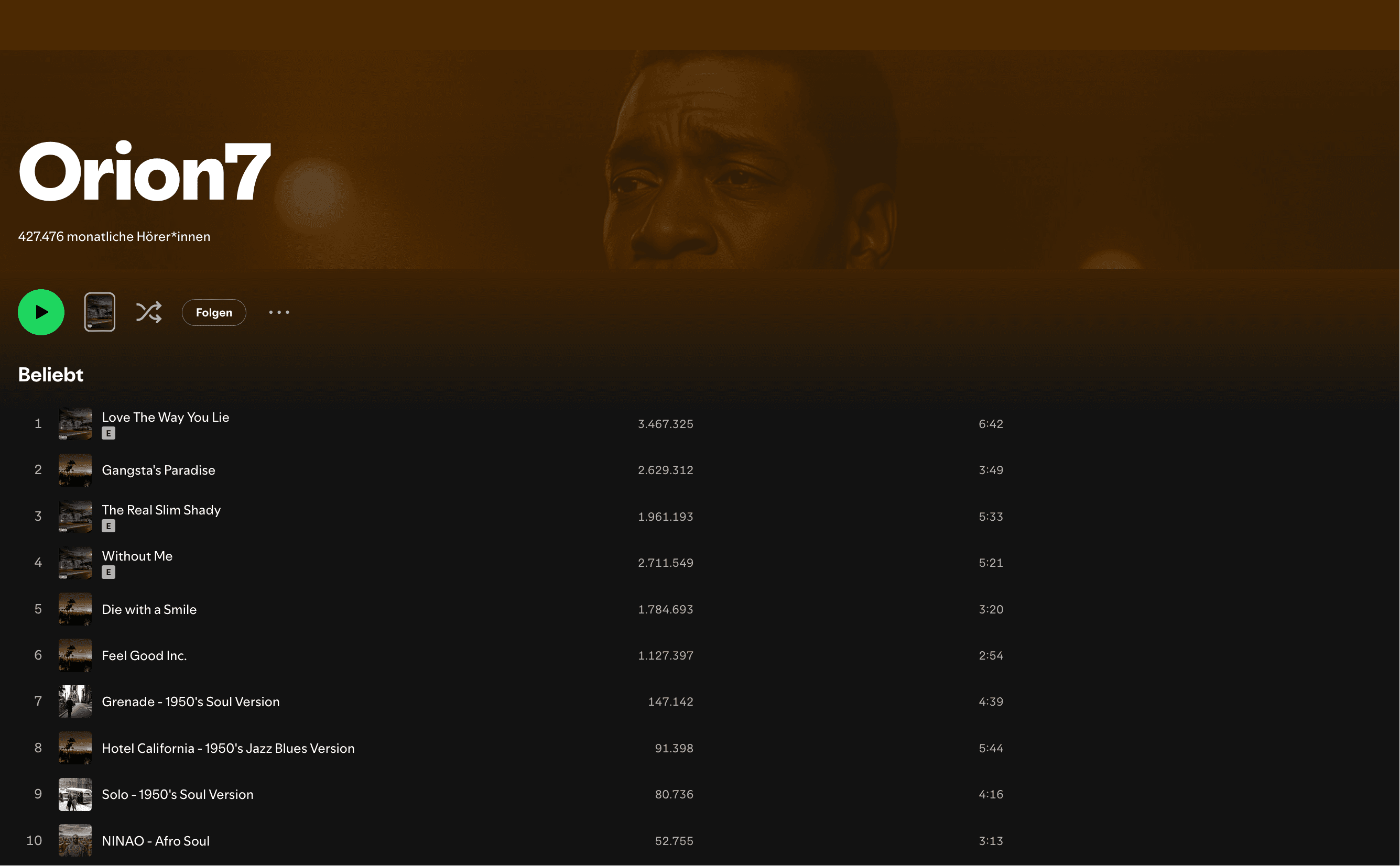Orion7 Spotify profile screenshot showing 427,476 monthly listeners