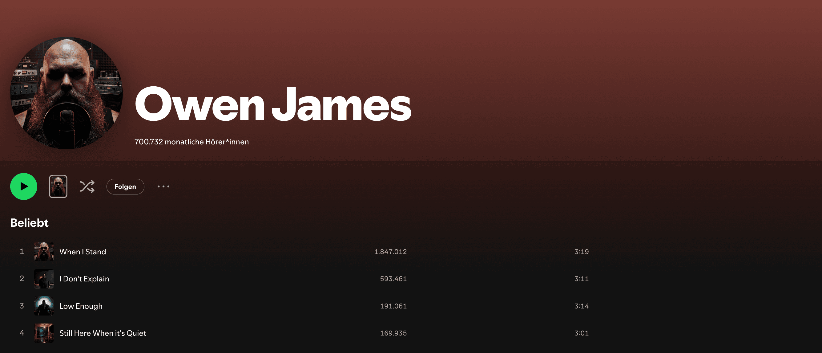 Owen James Spotify profile screenshot showing 700,732 monthly listeners