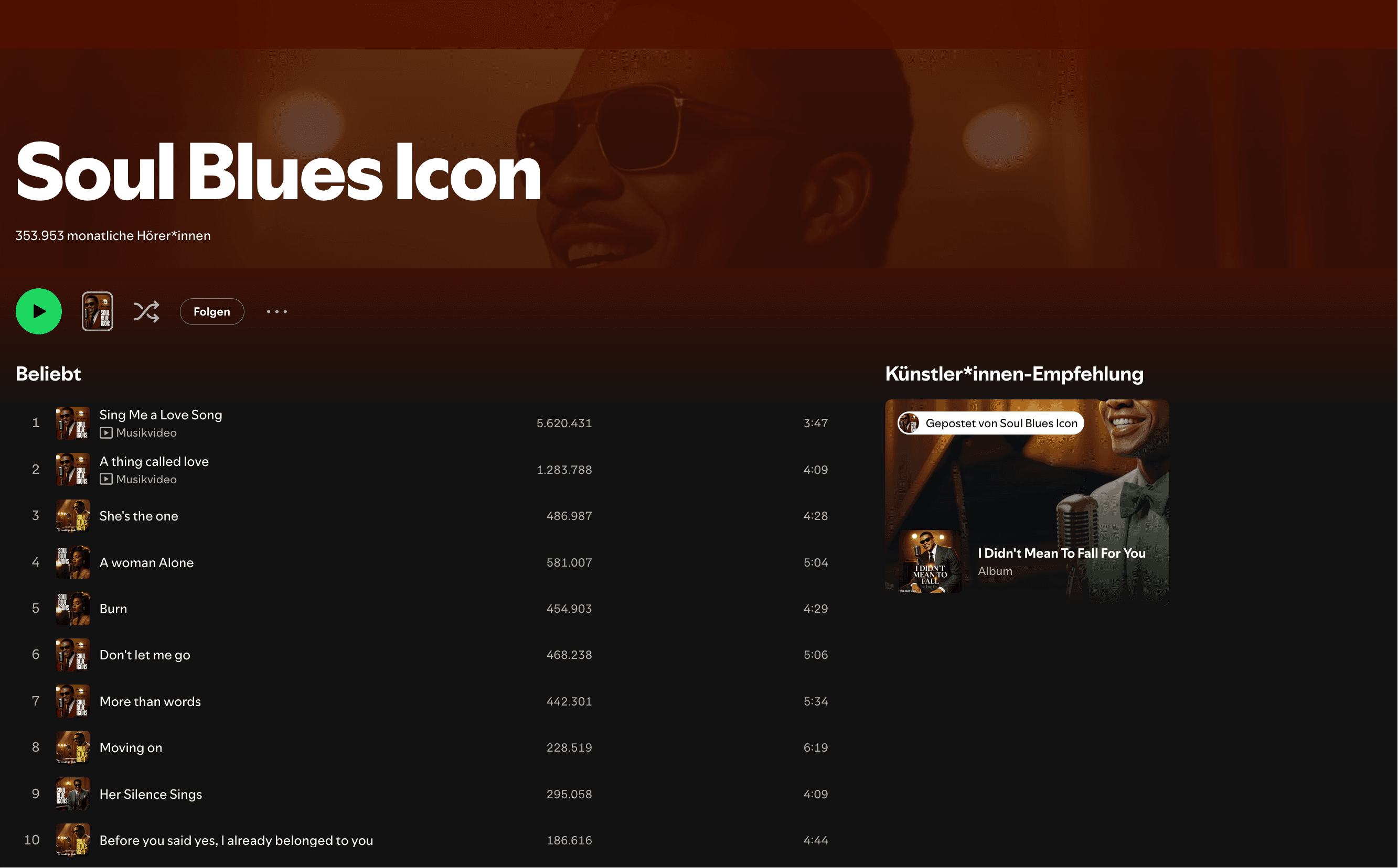 Soul Blues Icon Spotify profile screenshot showing 353,953 monthly listeners