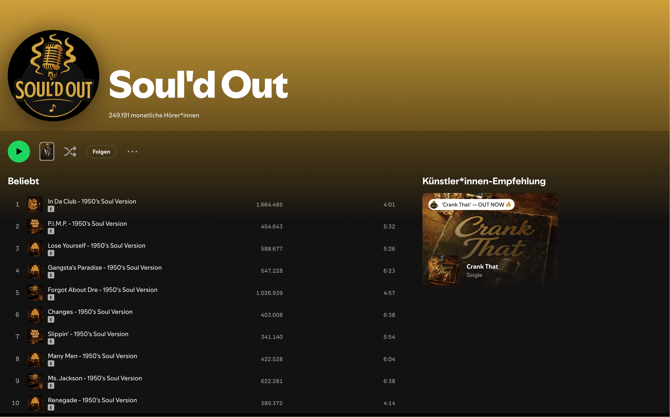 Soul'd Out Spotify profile screenshot showing 249,191 monthly listeners