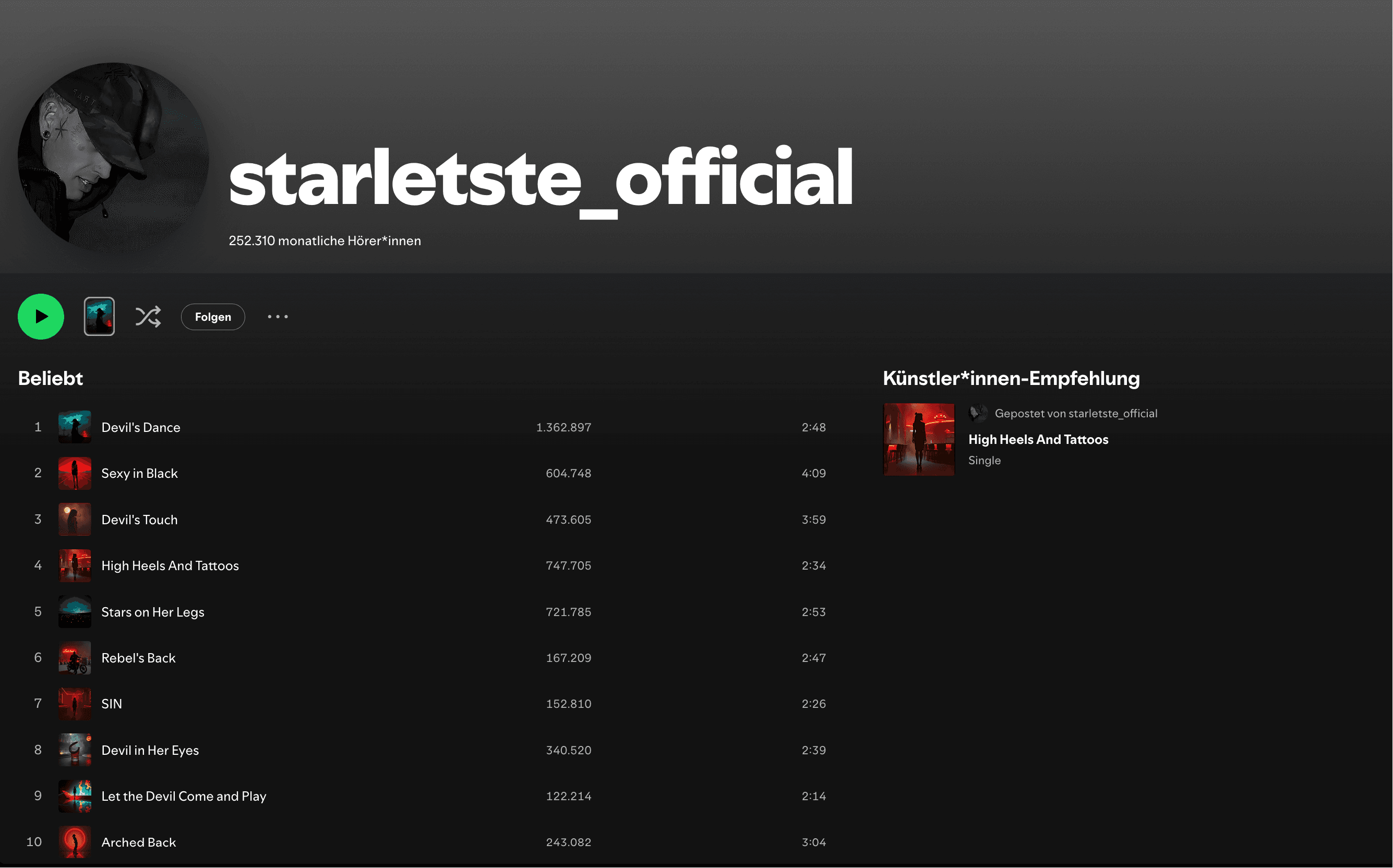 starletste_official Spotify profile screenshot showing 252,310 monthly listeners