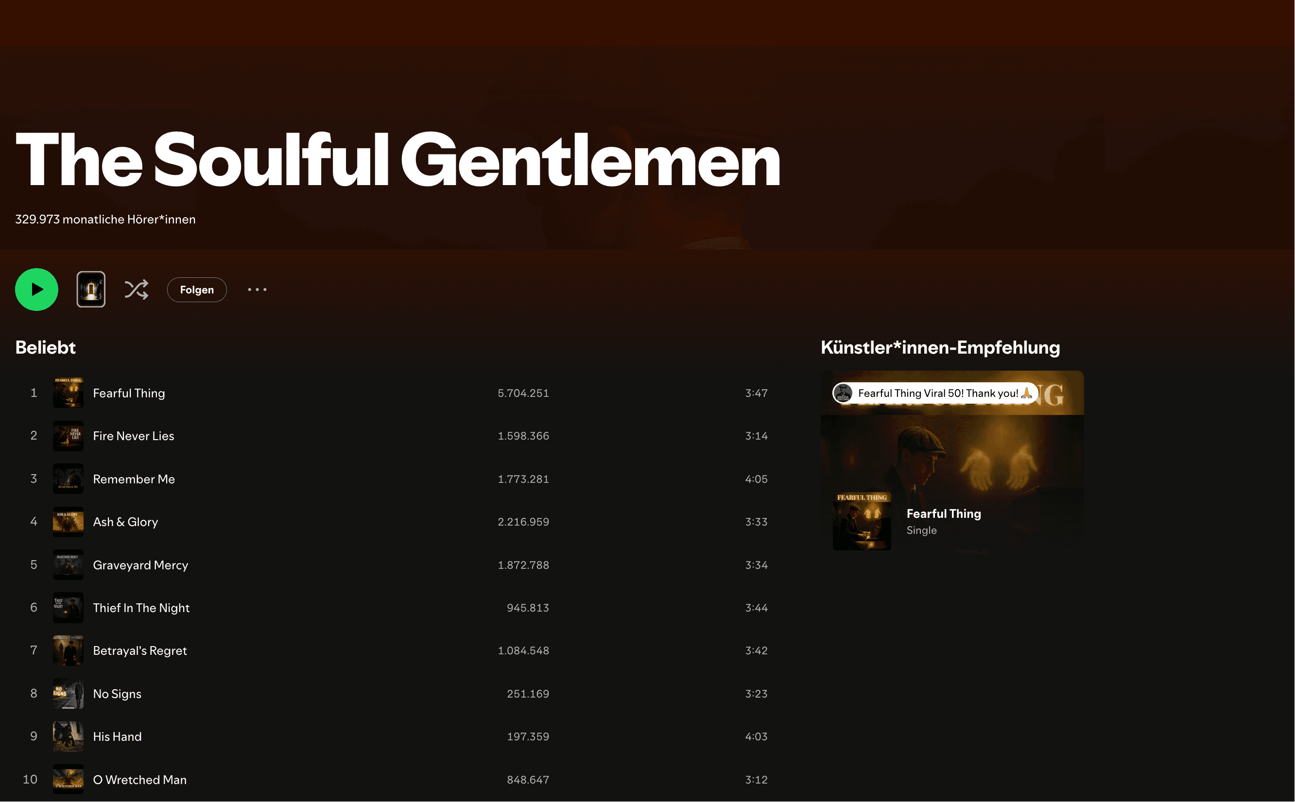 The Soulful Gentlemen Spotify profile screenshot showing 329,973 monthly listeners