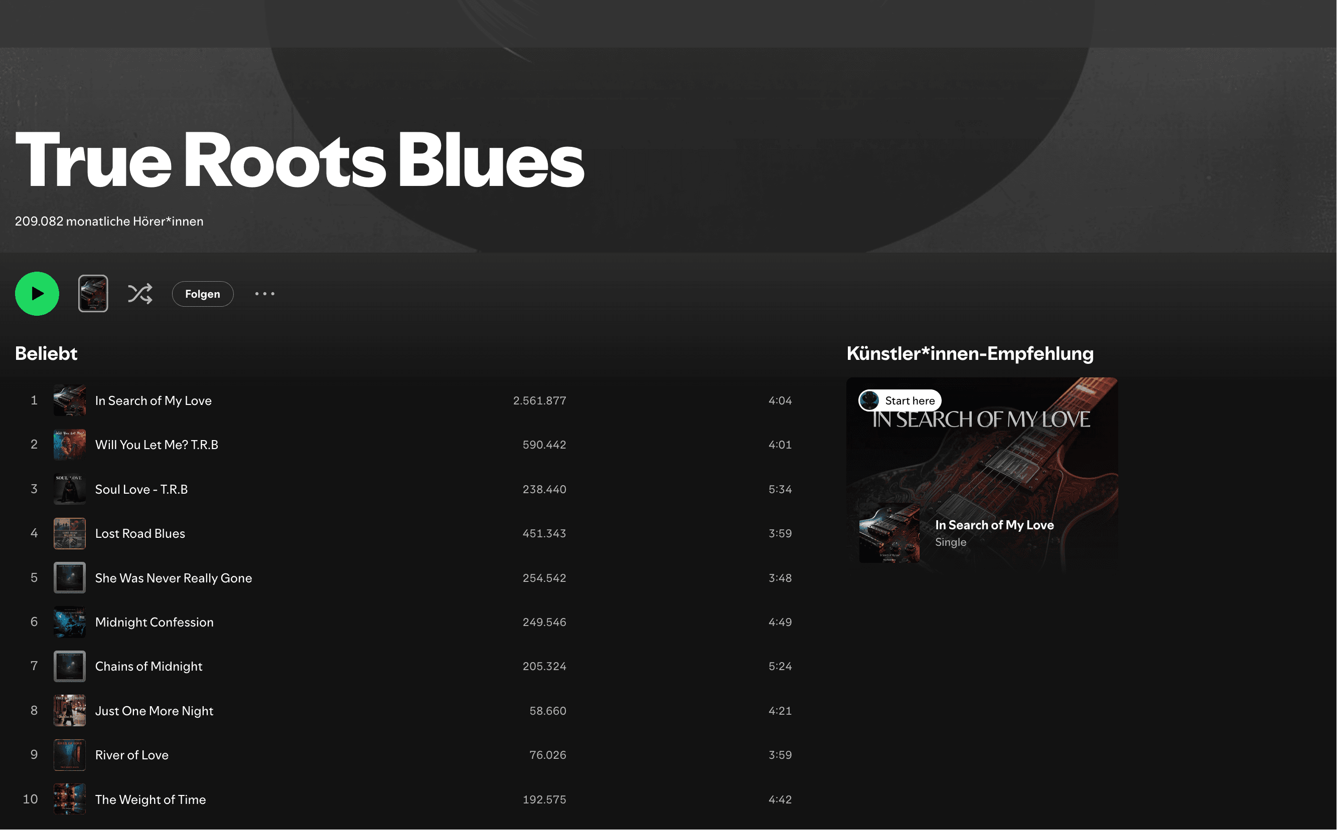 True Roots Blues Spotify profile screenshot showing 209,082 monthly listeners