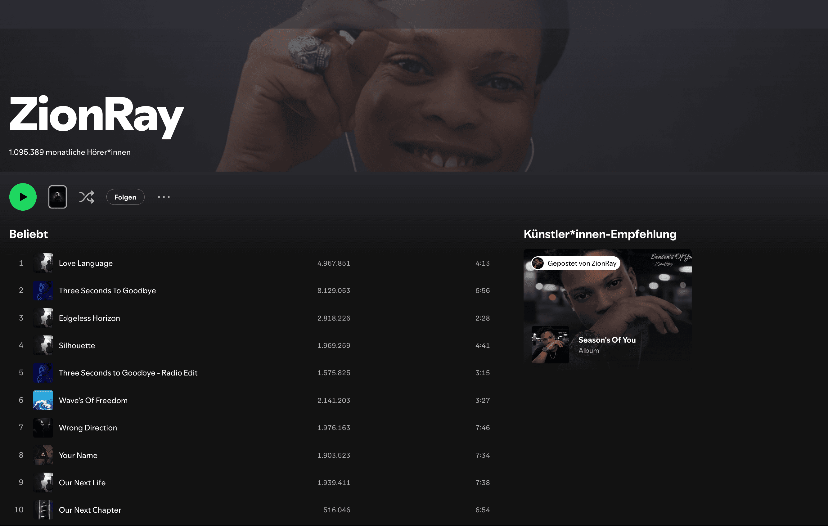 ZionRay Spotify profile screenshot showing 1,095,389 monthly listeners